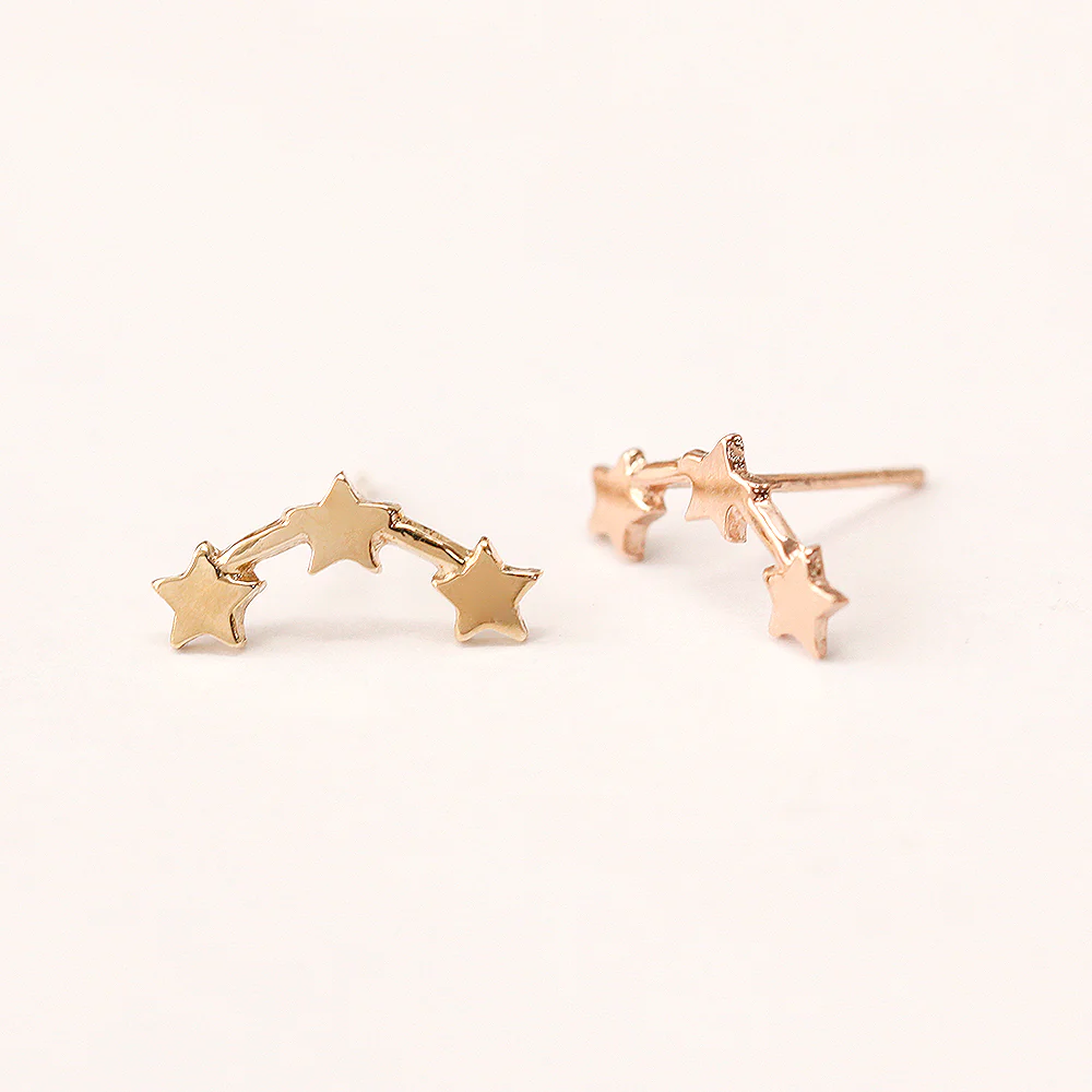 14K Gold Triple Curved Stars Stud Earring - Image 3
