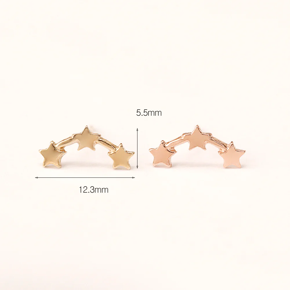 14K Gold Triple Curved Stars Stud Earring - Image 5