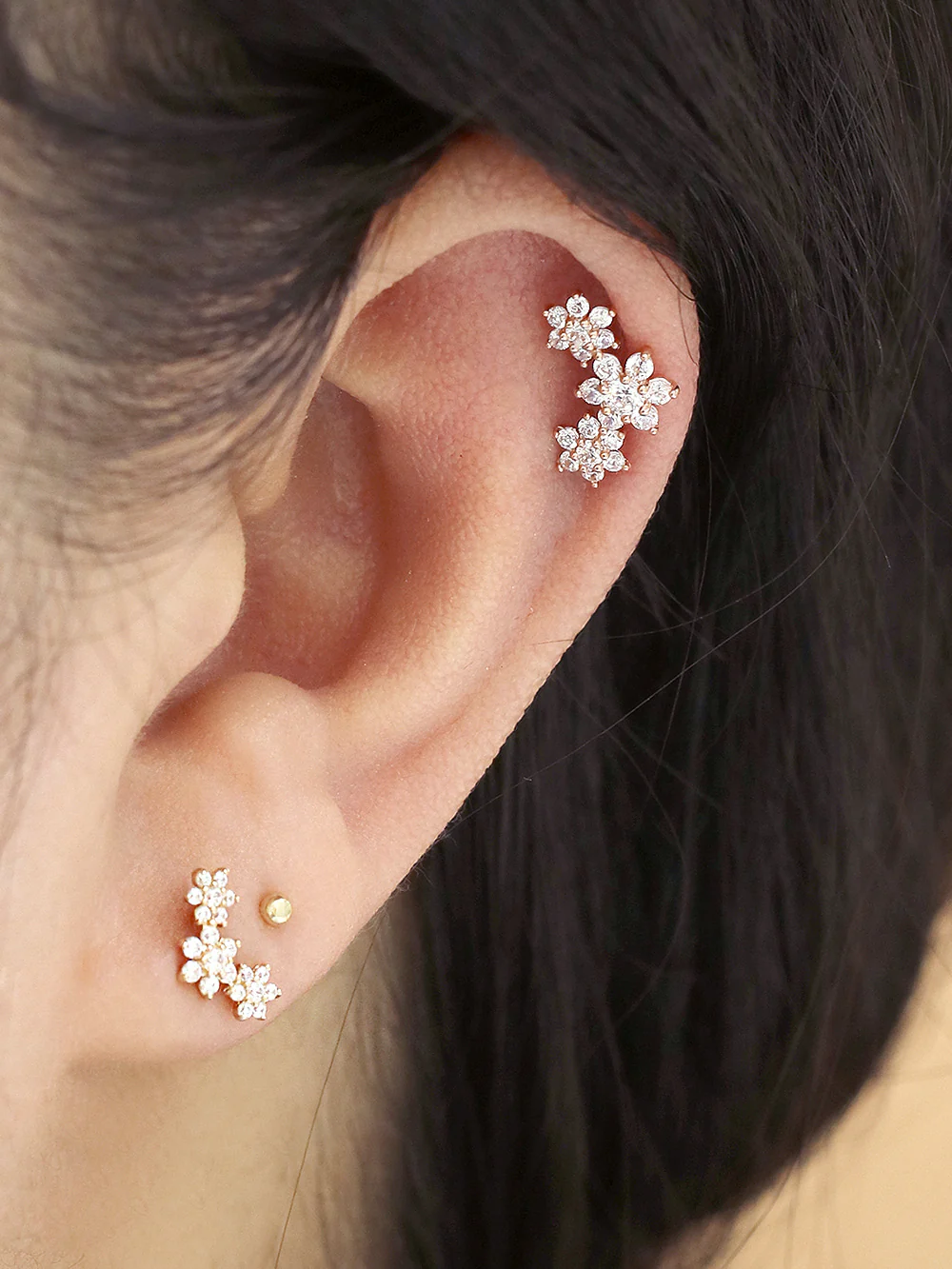 14K Gold Triple Flower Cartilage Earring 18G16G - Image 10