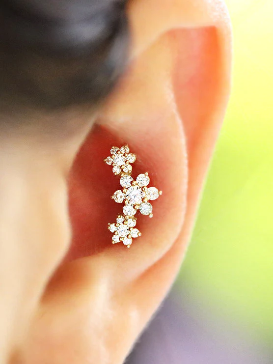 14K Gold Triple Flower Cartilage Earring 18G16G - Image 13