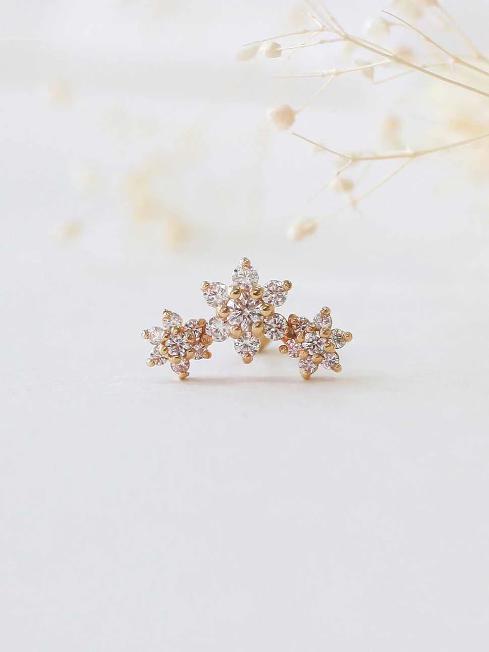 14K Gold Triple Flower Cartilage Earring 18G16G - Image 4