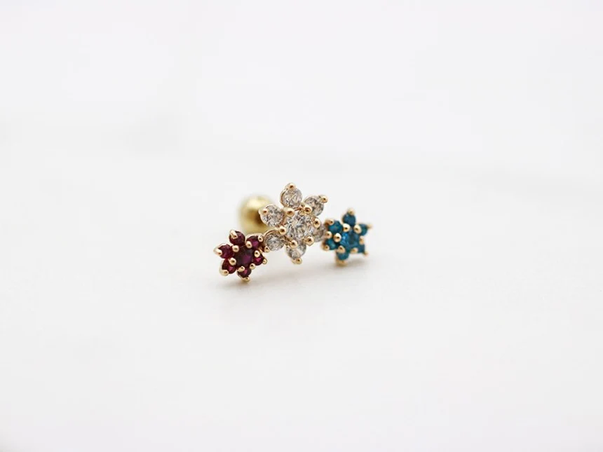 14K Gold Triple Flower Cartilage Earring 18G16G - Image 8