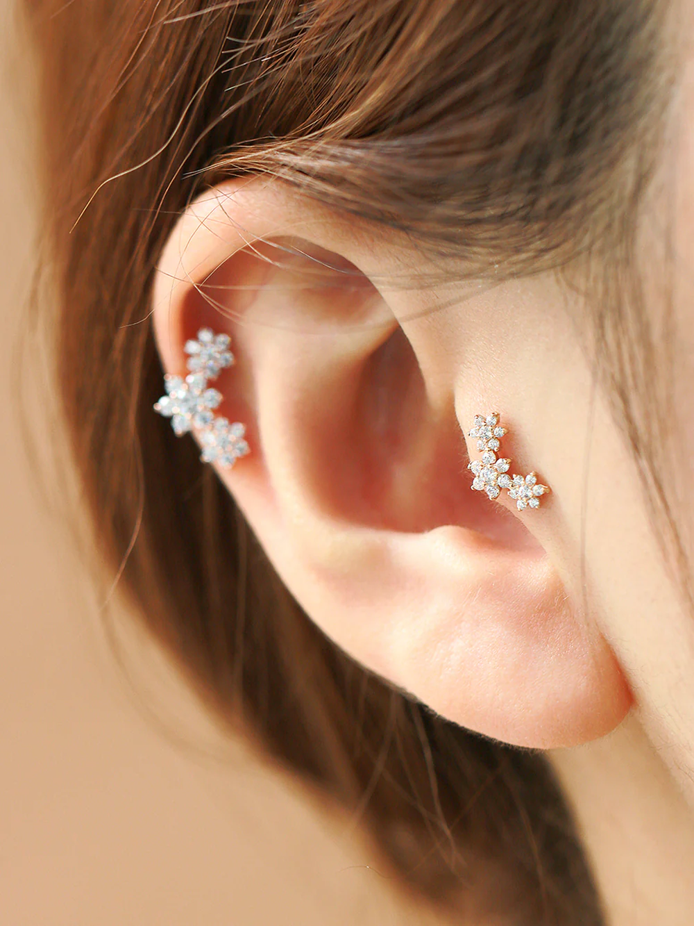 14K Gold Triple Flower Cartilage Earring 18G16G - Image 9