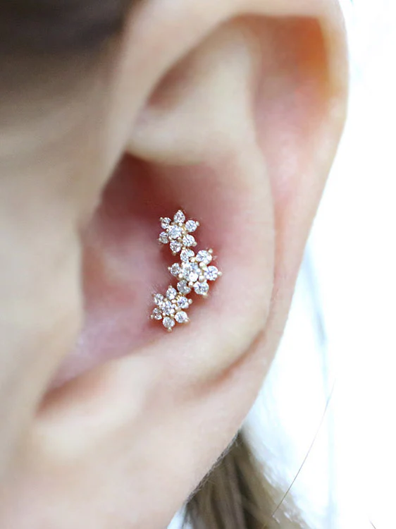 14K Gold Triple Flower Cartilage Earring Small 18G16G - Image 9