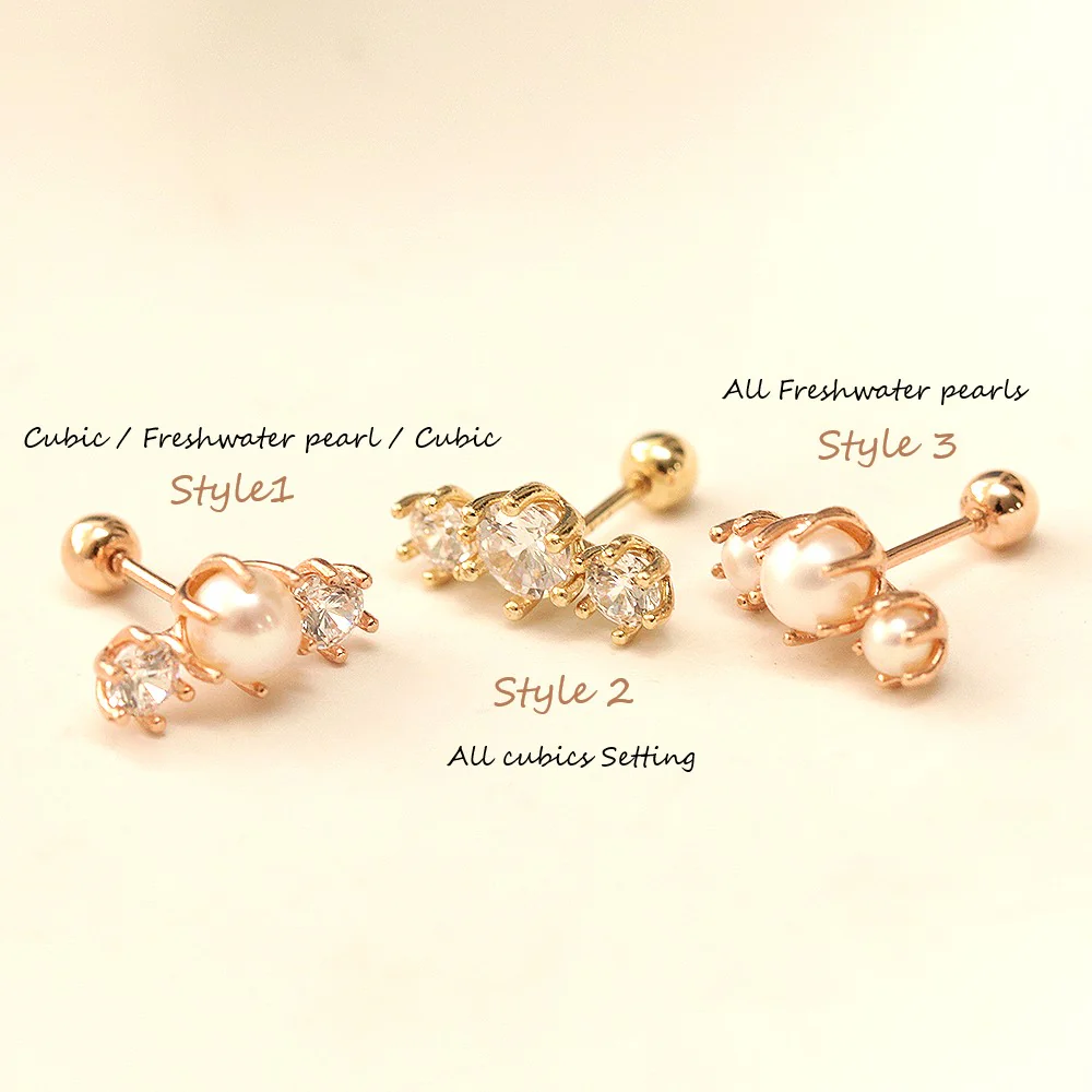 14K Gold Crown Triple Pearl Cubic Cartilage Earring 20G18G16G - Image 10
