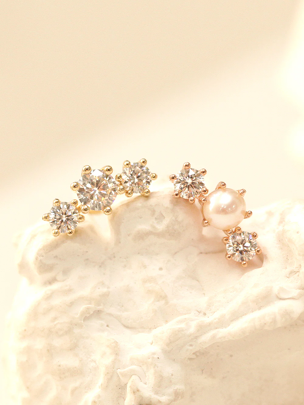 14K Gold Crown Triple Pearl Cubic Cartilage Earring 20G18G16G - Image 4