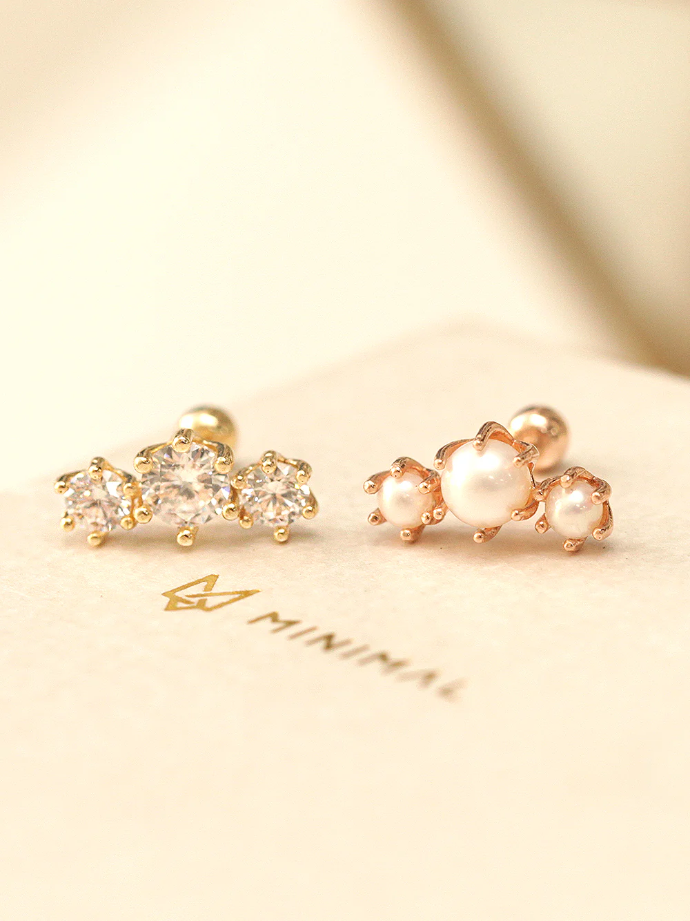 14K Gold Crown Triple Pearl Cubic Cartilage Earring 20G18G16G - Image 8