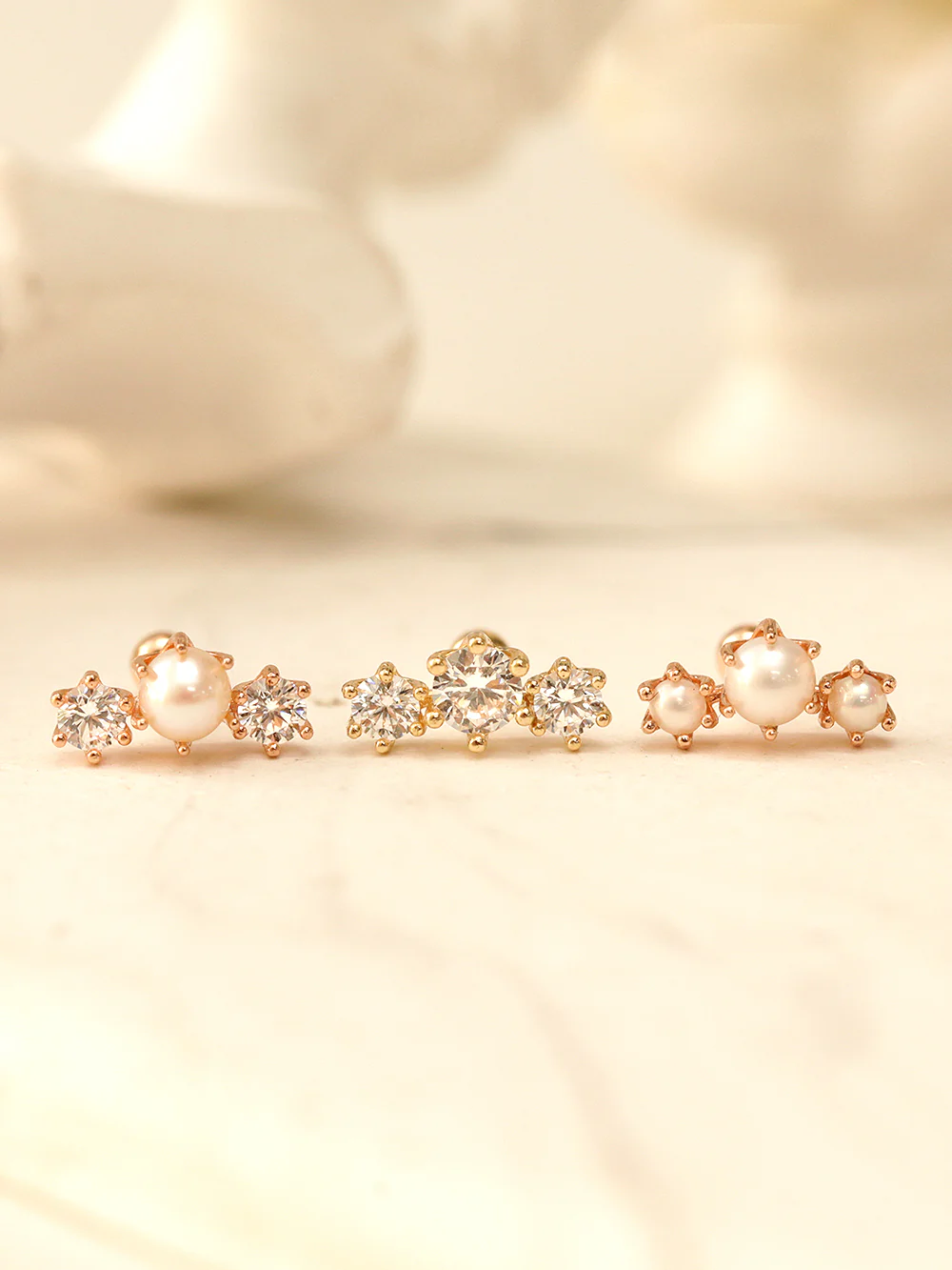 14K Gold Crown Triple Pearl Cubic Cartilage Earring 20G18G16G - Image 9