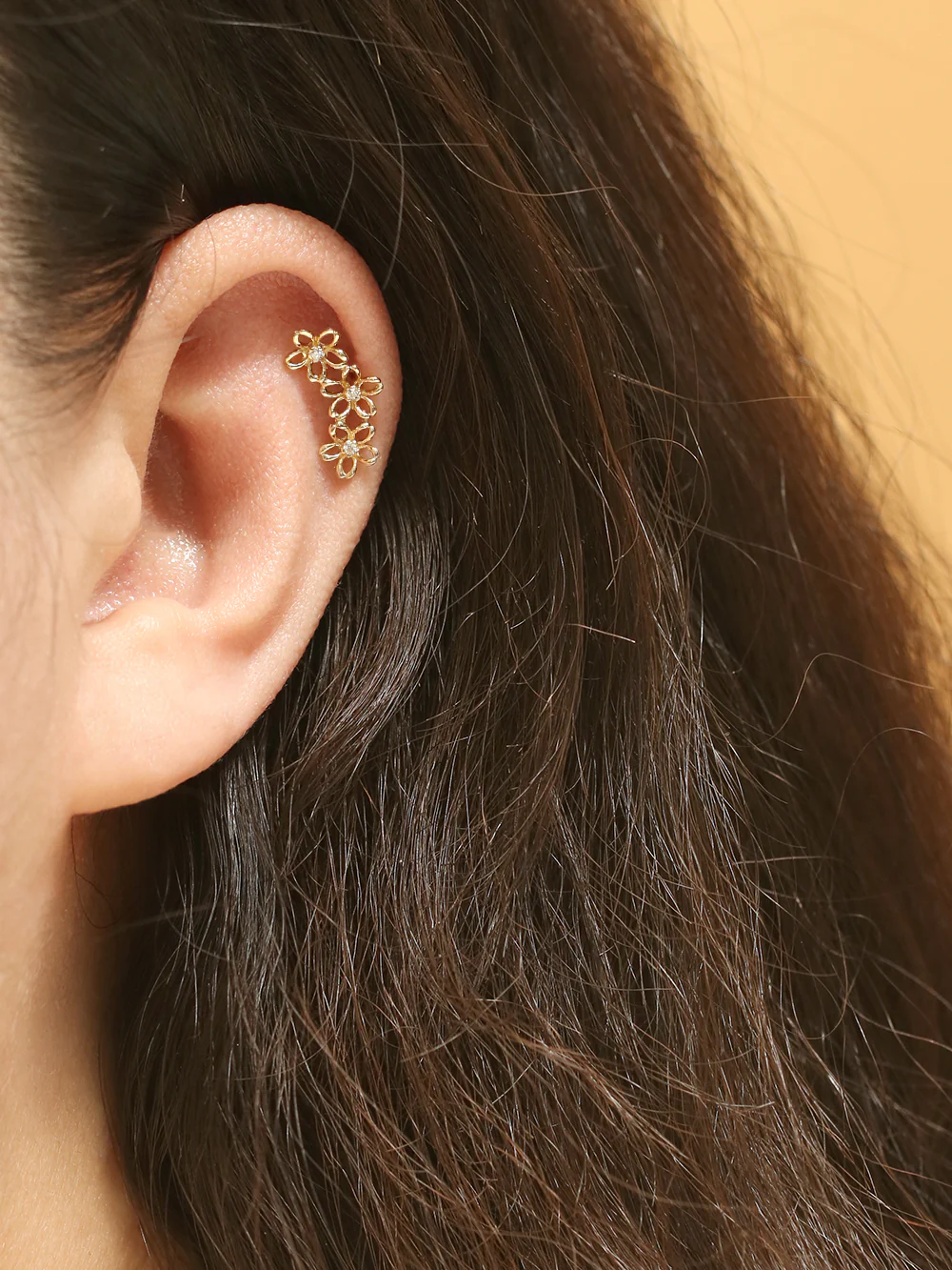 14K Gold Triple Petals Cartilage Earring 20G18G16G - Image 4