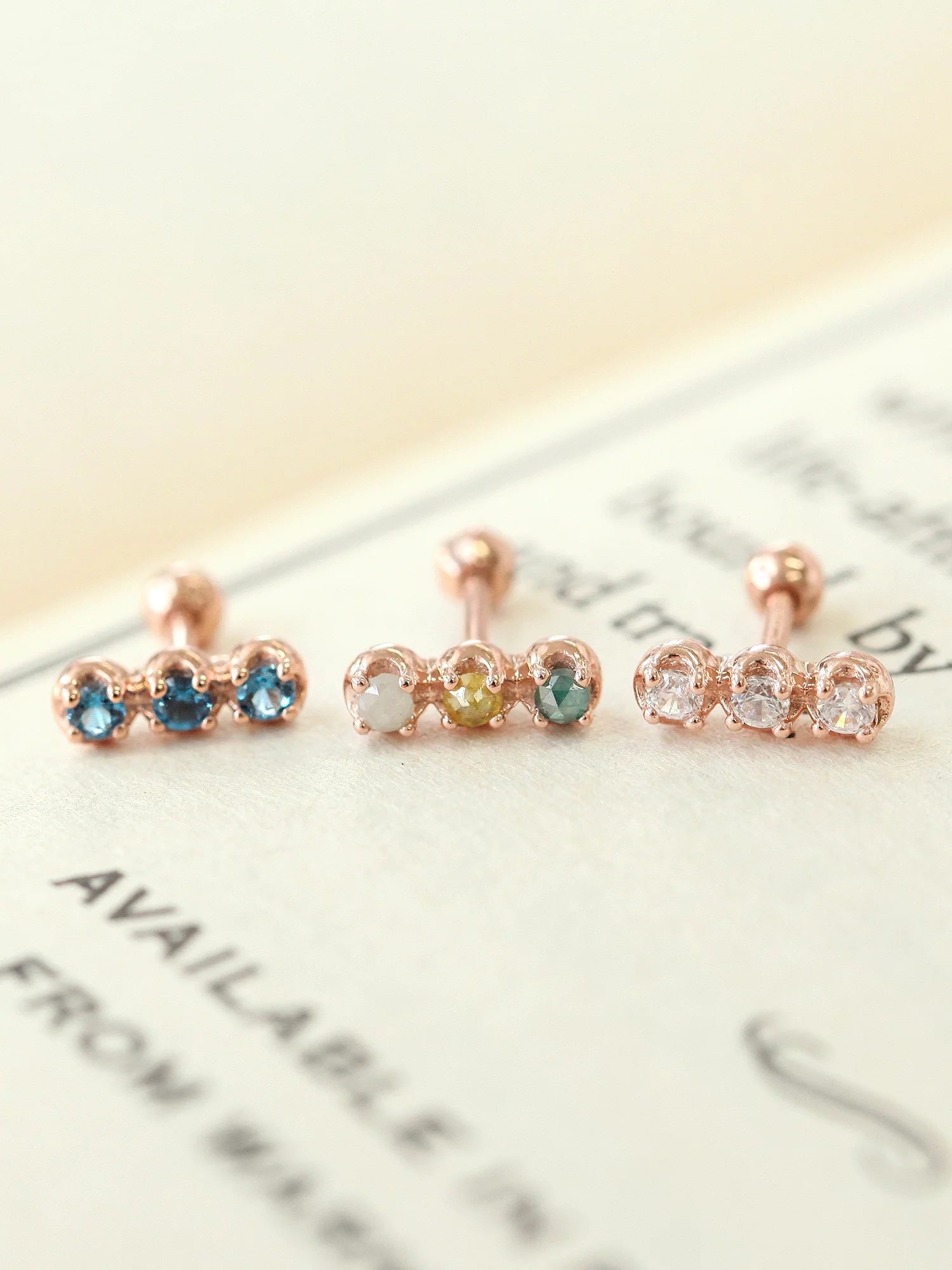 14K Gold Triple Rough Diamond Cartilage Earring 18G16G - Image 3