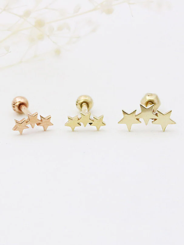 14K Gold Triple Star Cartilage Earring 18G16G - Image 2