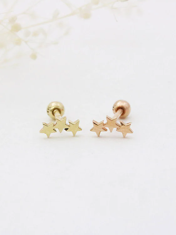 14K Gold Triple Star Cartilage Earring 18G16G - Image 4