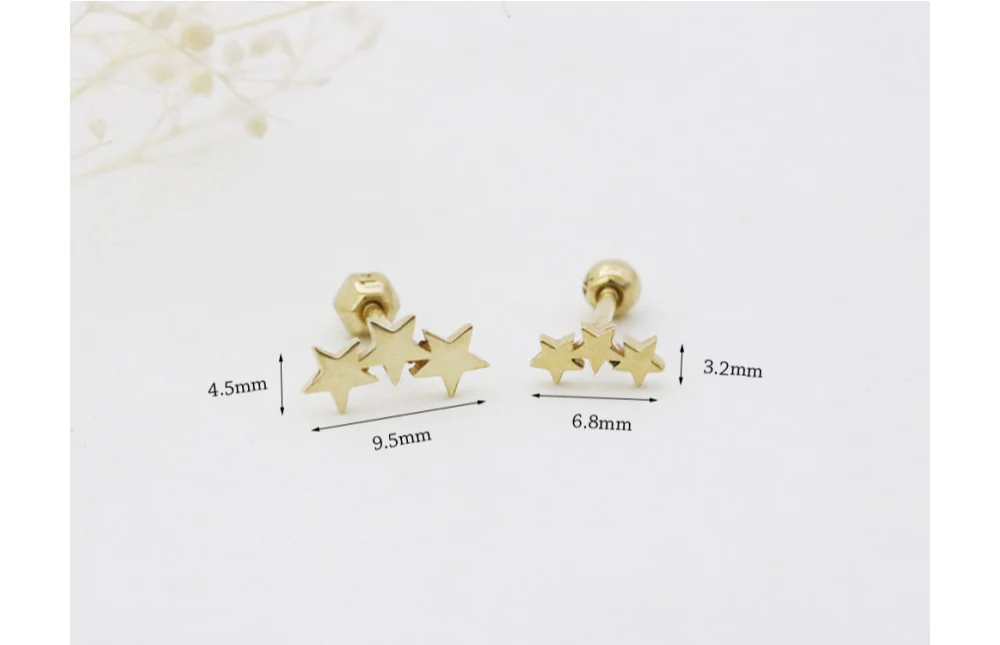 14K Gold Triple Star Cartilage Earring 18G16G - Image 9