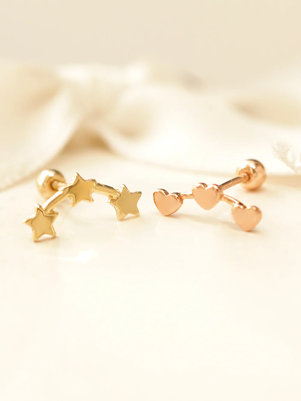 14K Gold Triple Star & Heart Cartilage Earring 20G - Image 10