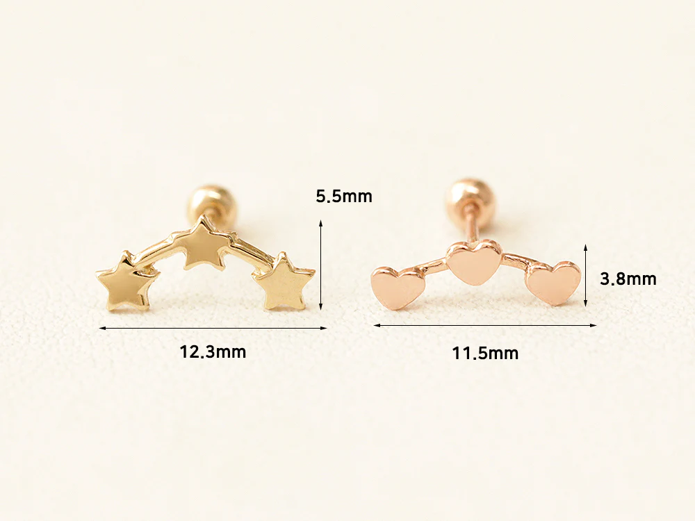 14K Gold Triple Star & Heart Cartilage Earring 20G - Image 11