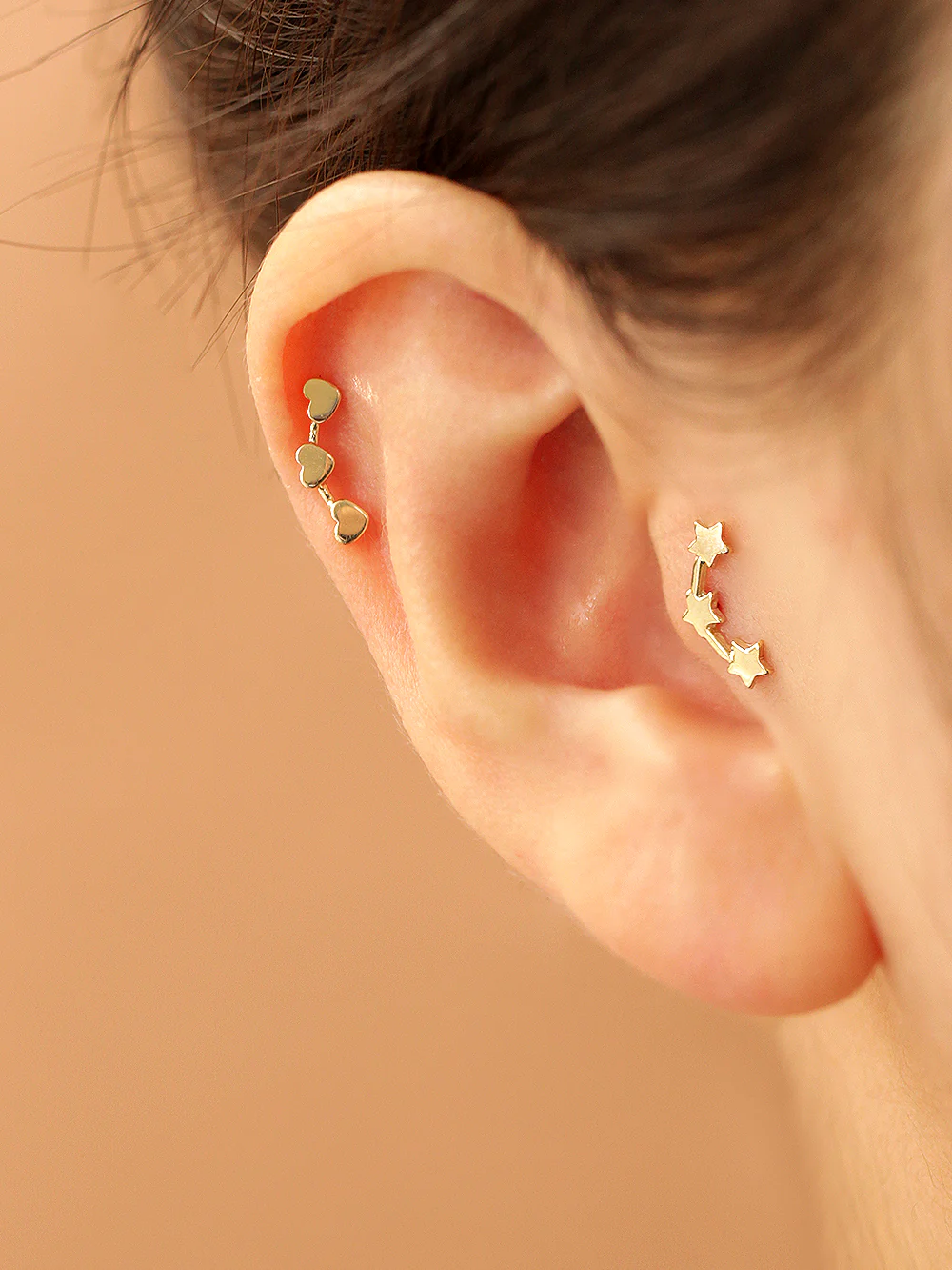 14K Gold Triple Star & Heart Cartilage Earring 20G - Image 3