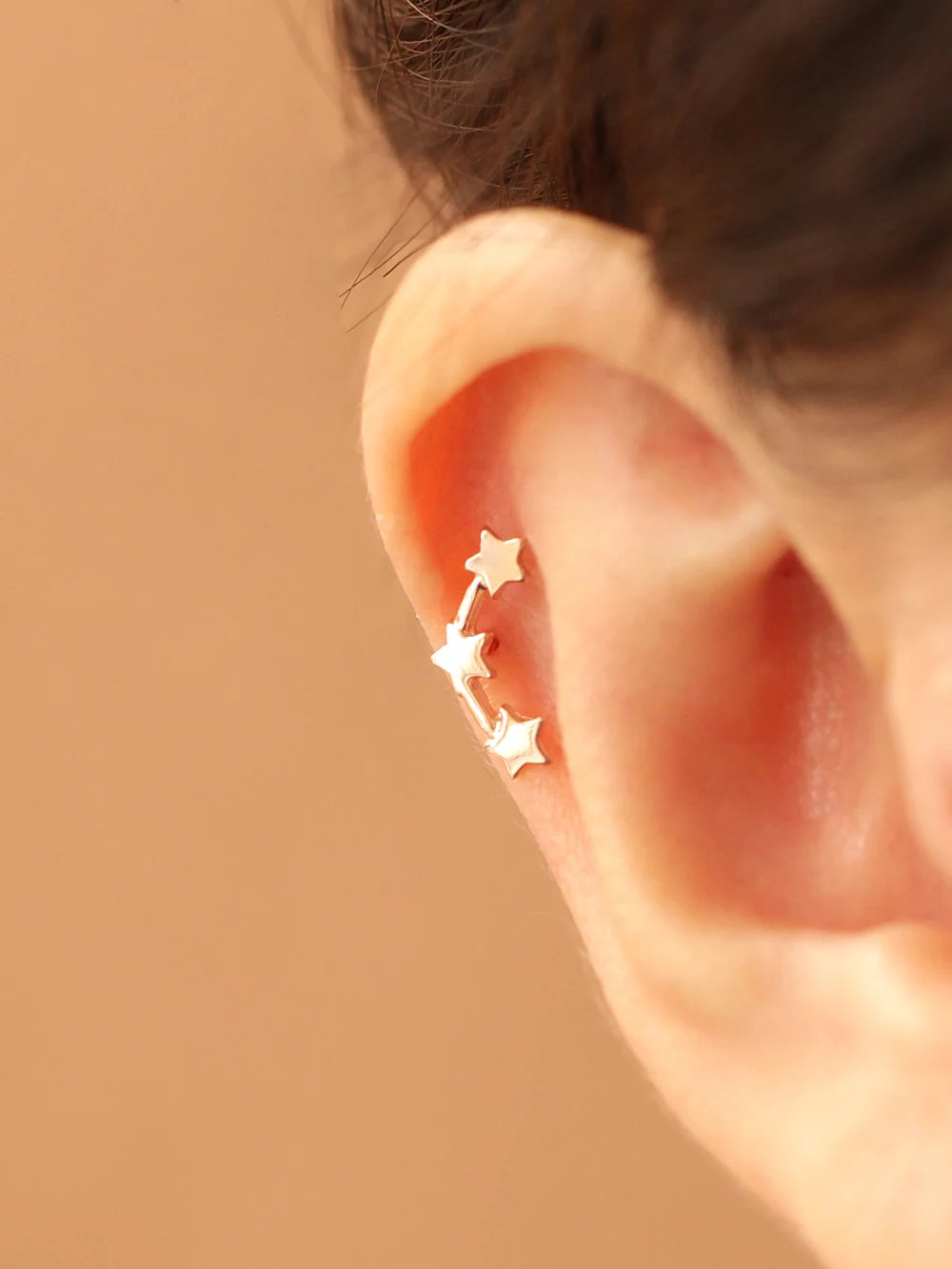 14K Gold Triple Star & Heart Cartilage Earring 20G - Image 5