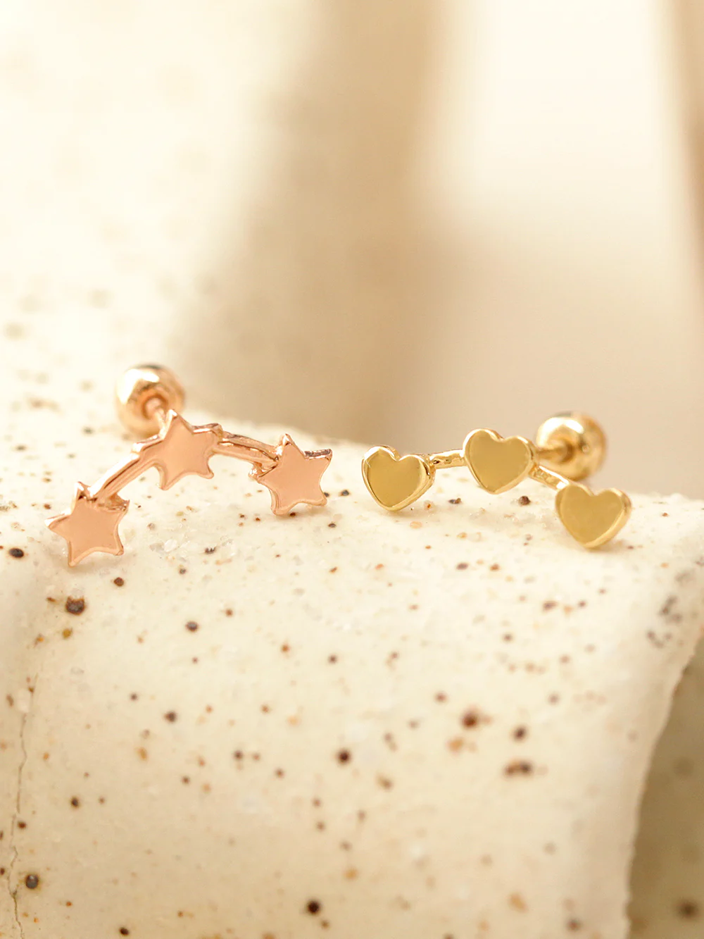 14K Gold Triple Star & Heart Cartilage Earring 20G - Image 7