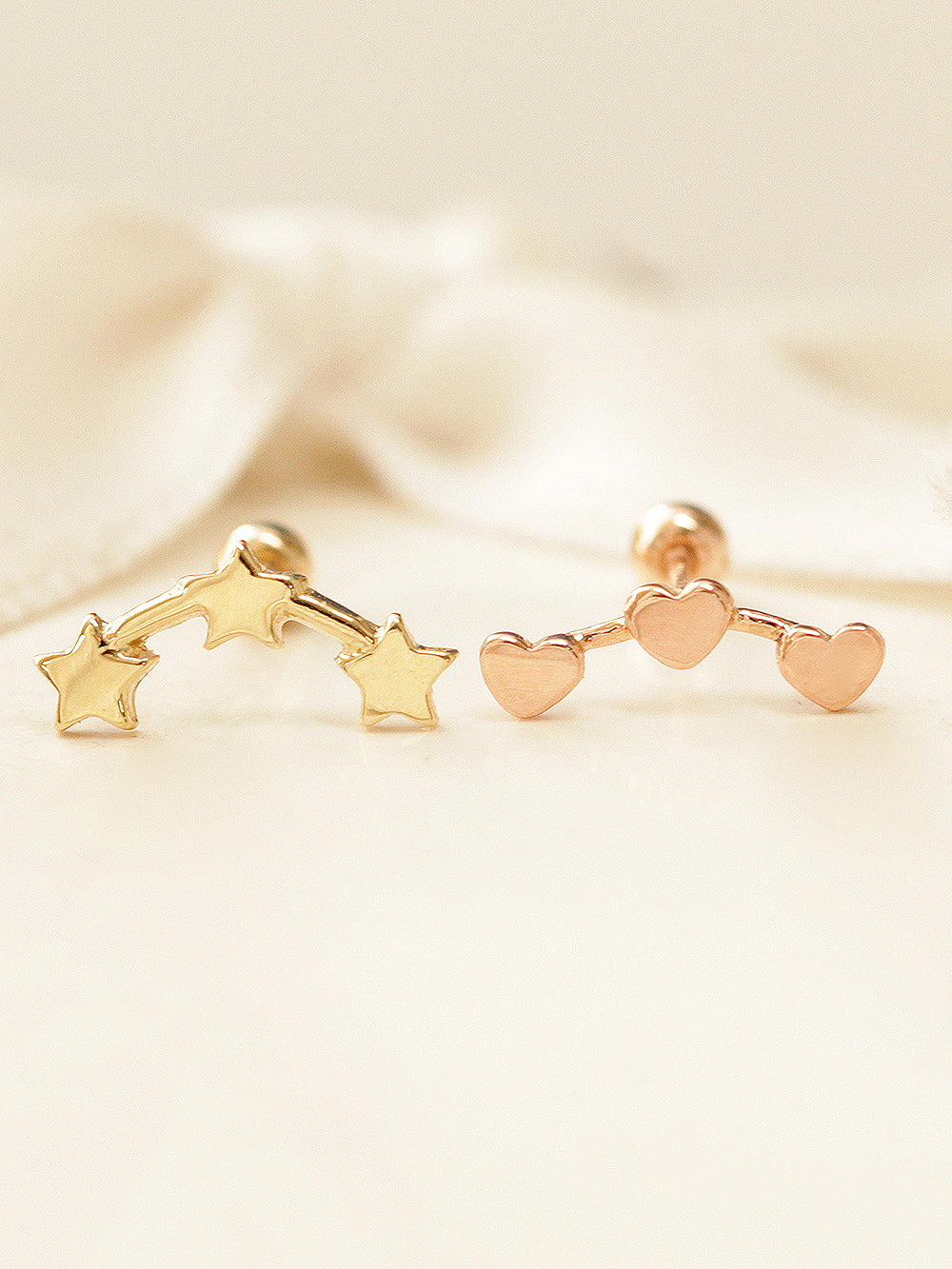 14K Gold Triple Star & Heart Cartilage Earring 20G - Image 8