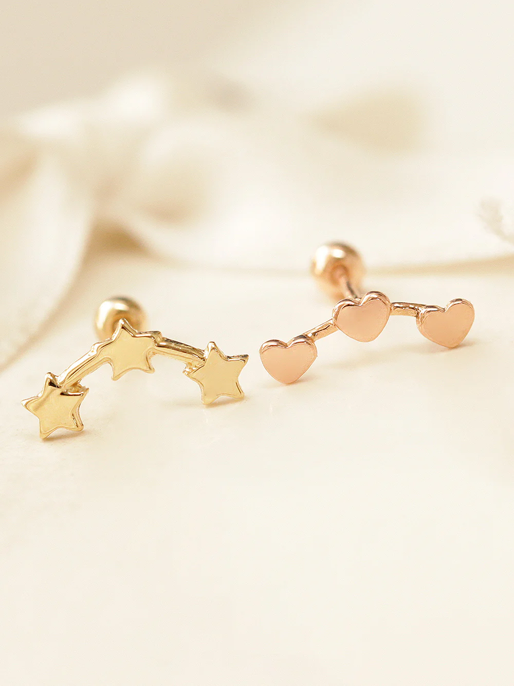 14K Gold Triple Star & Heart Cartilage Earring 20G - Image 9