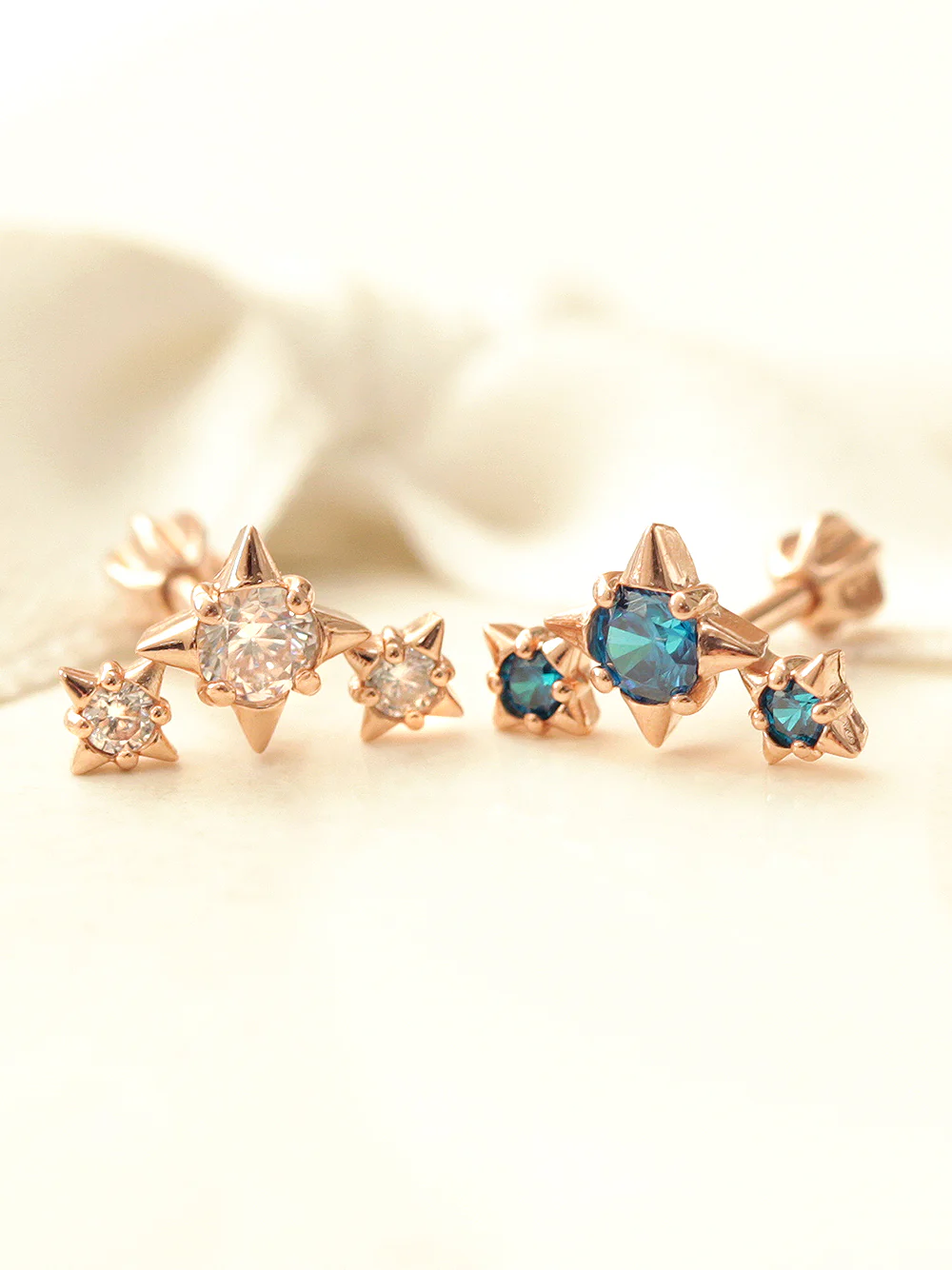 14K Gold Triple Stud Cubic Cartilage Earring 18G16G - Image 2