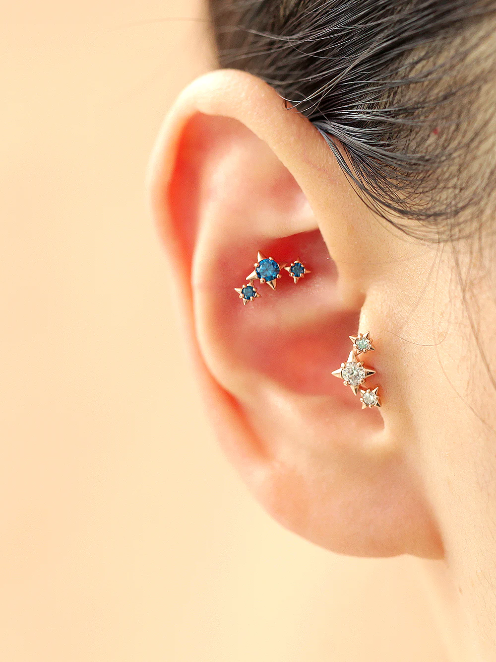 14K Gold Triple Stud Cubic Cartilage Earring 18G16G - Image 8