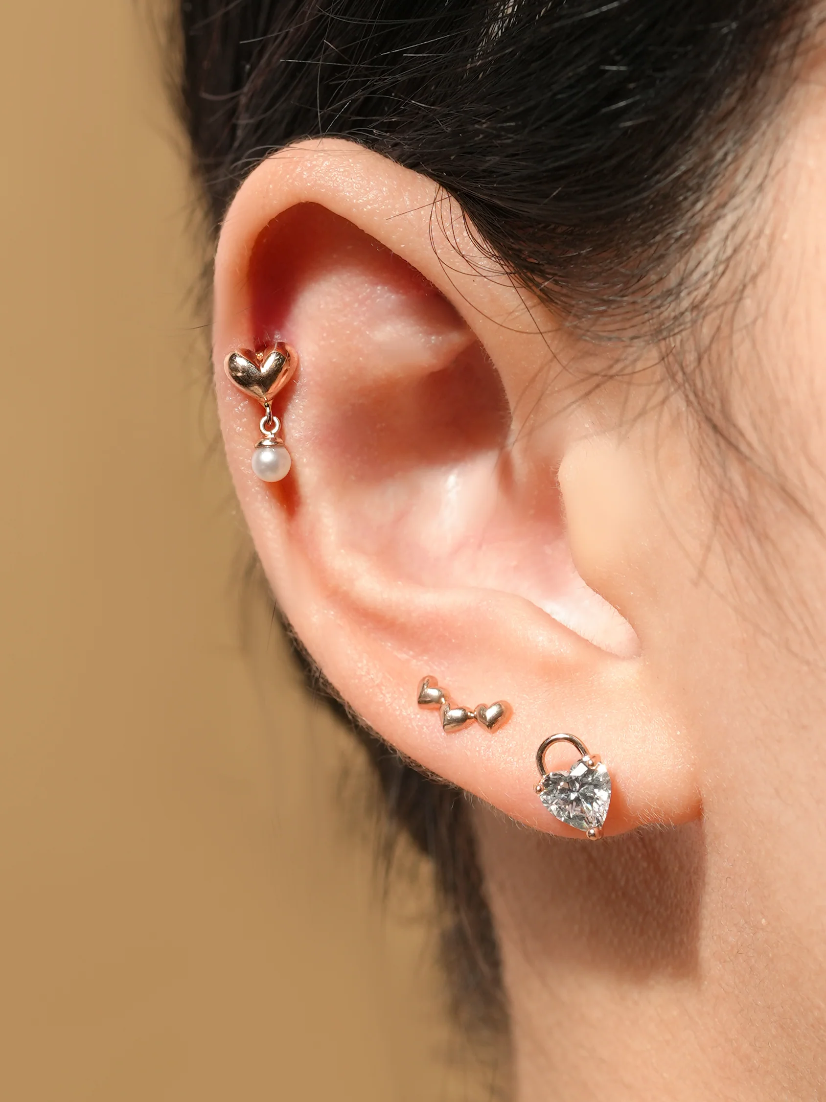 14K Gold Triple Volume Heart Cartilage Earring 18G16G - Image 6