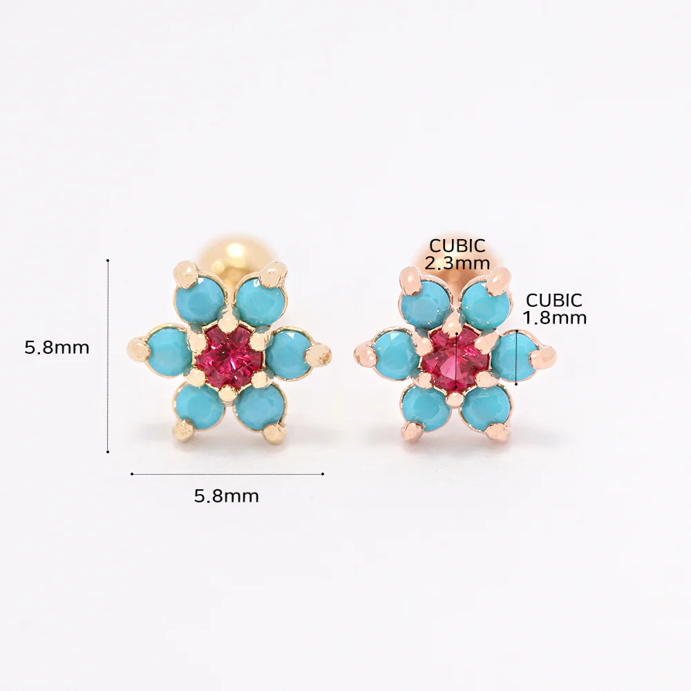 14K Gold Turquoise Cubic Flower Cartilage Earring 20G18G16G - Image 11