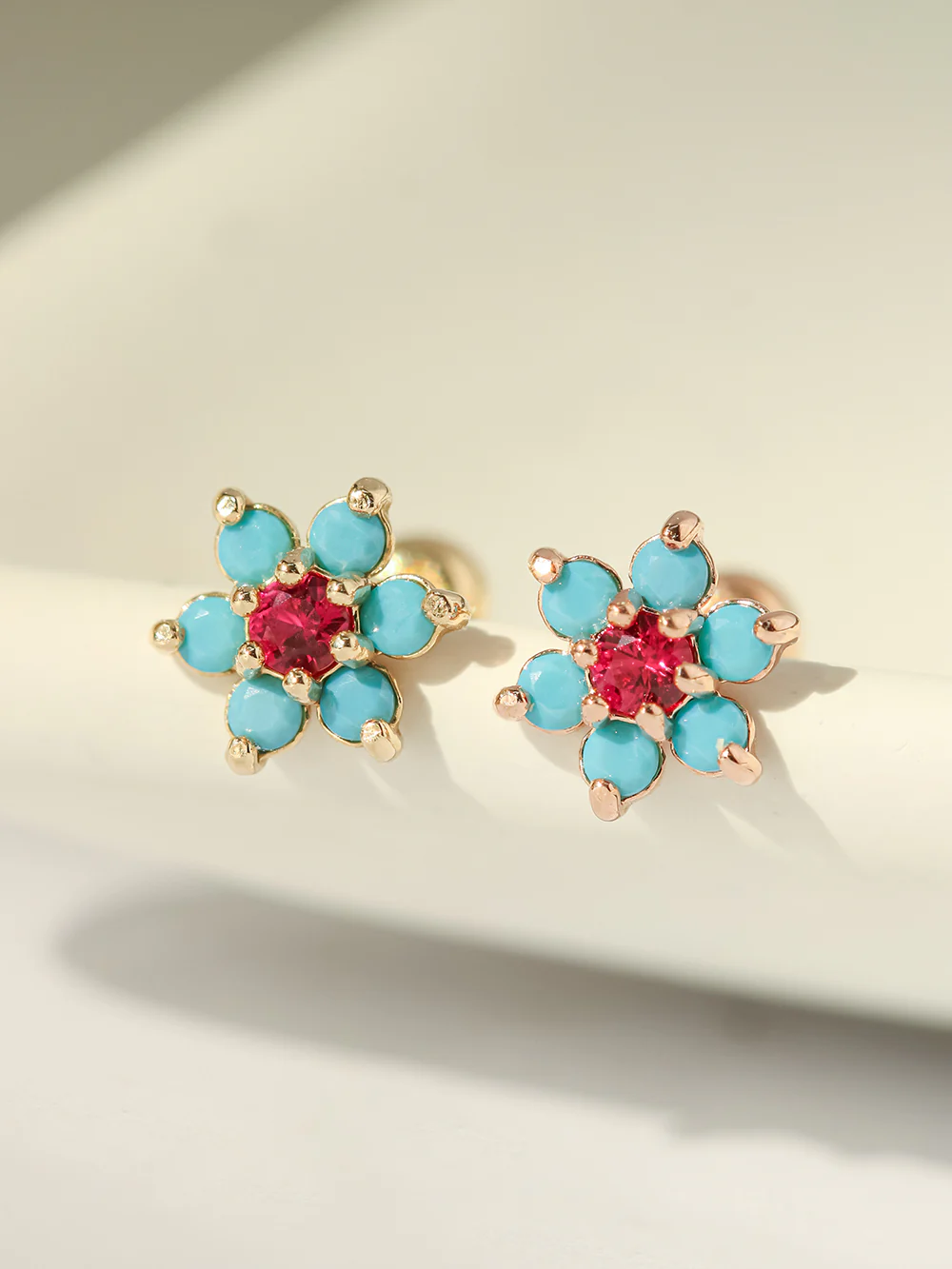 14K Gold Turquoise Cubic Flower Cartilage Earring 20G18G16G - Image 5