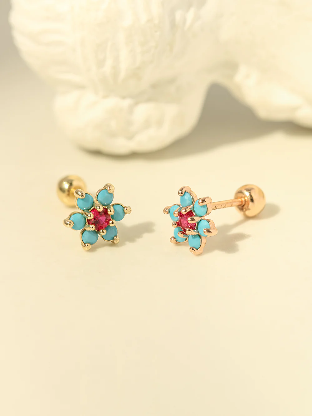 14K Gold Turquoise Cubic Flower Cartilage Earring 20G18G16G - Image 6