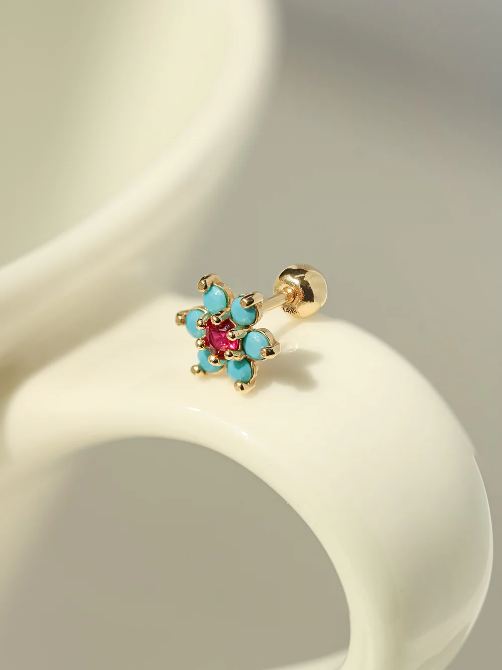 14K Gold Turquoise Cubic Flower Cartilage Earring 20G18G16G - Image 8