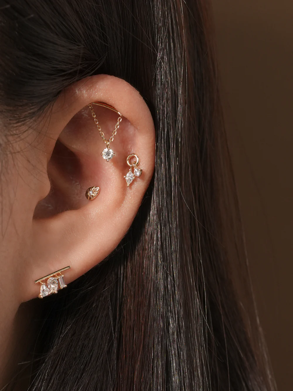 14K Gold Twin Cubic Drop Cartilage Earring 20G18G16G - Image 13