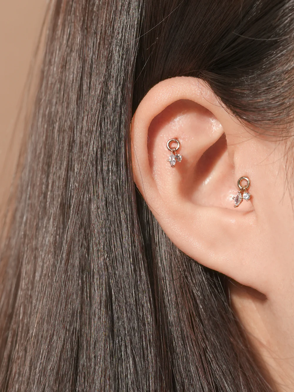 14K Gold Twin Cubic Drop Cartilage Earring 20G18G16G - Image 8
