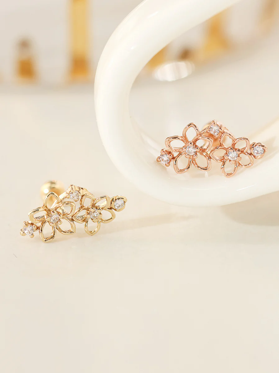 14K Gold Twin Flower Cartilage Earring 20G18G16G - Image 3