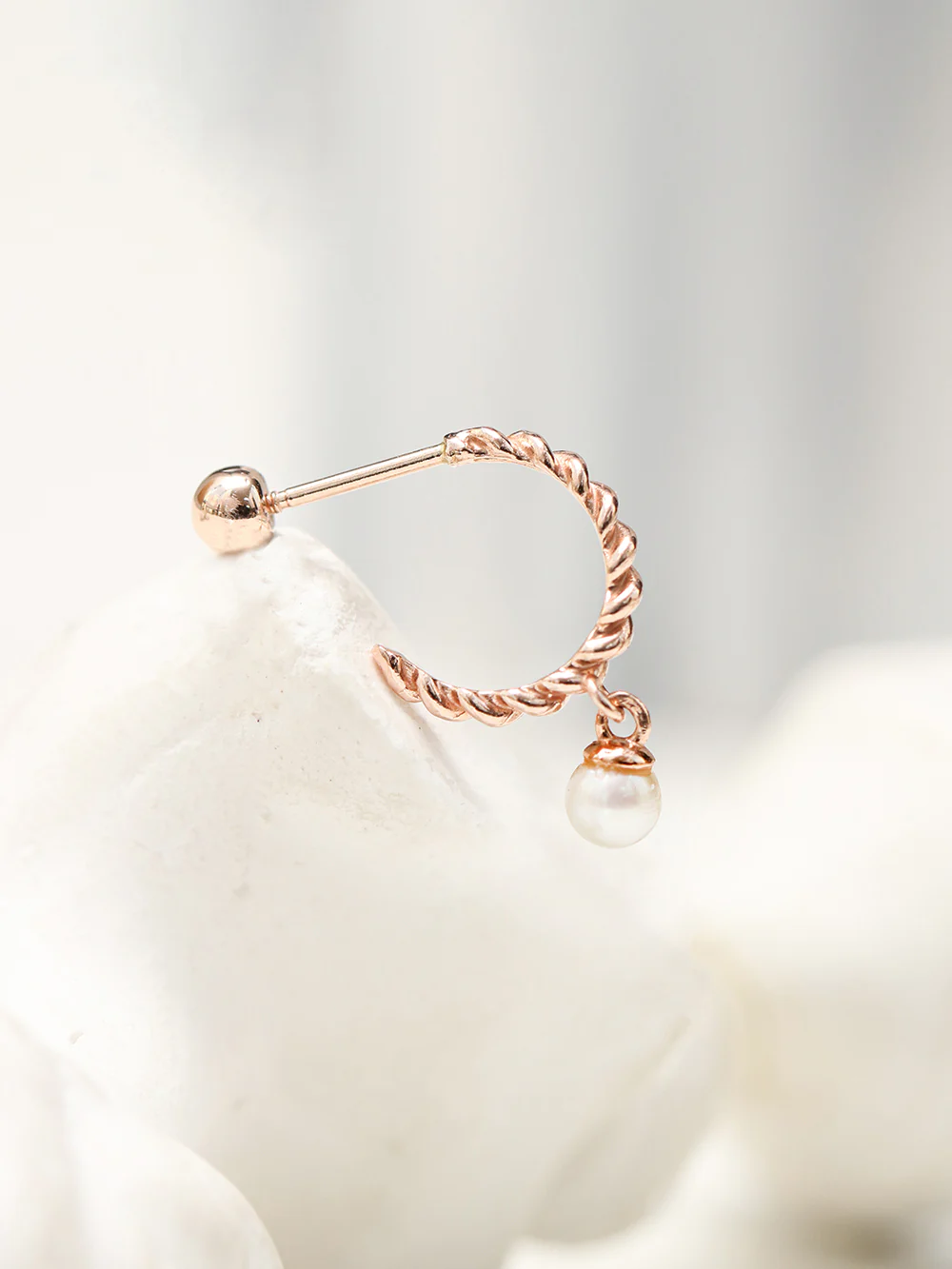 14K Gold Twisted Pearl Drop Half Ring Piercing Earring 20G18G16G - Image 9