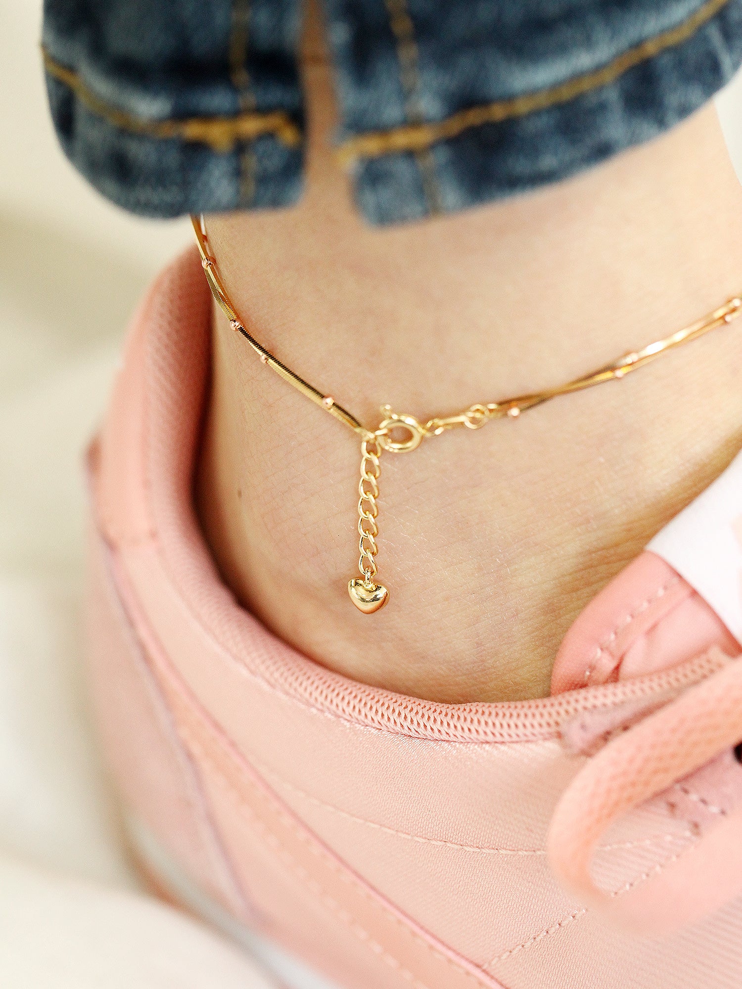 14K Gold Two-Line Mini Ball Snake Anklet - Image 3