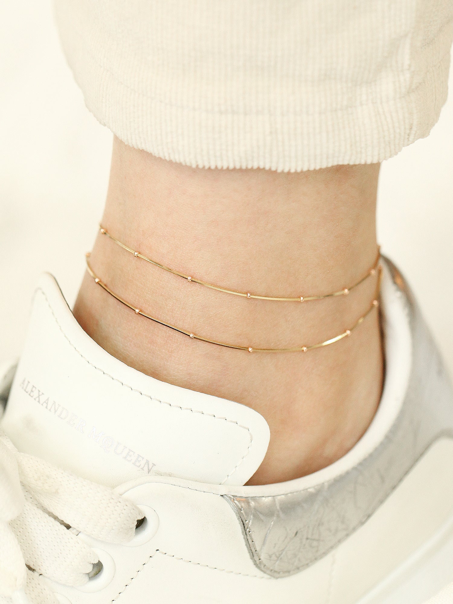 14K Gold Two-Line Mini Ball Snake Anklet - Image 4