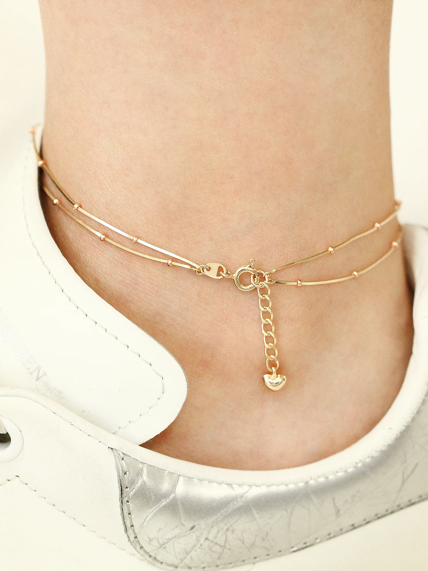 14K Gold Two-Line Mini Ball Snake Anklet - Image 5