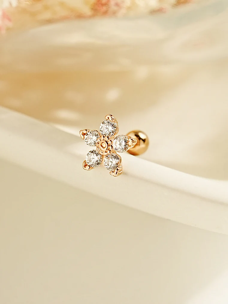 14K Gold Verbena Flower Cartilage Earrings 20G18G16G - Image 3