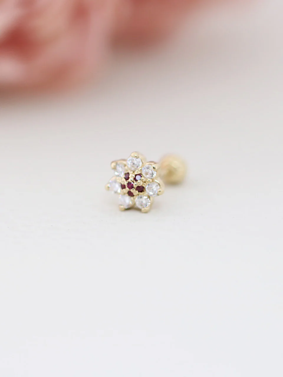 14K Gold Volume Ruby Flower Cartilage Earring 18G16G - Image 3