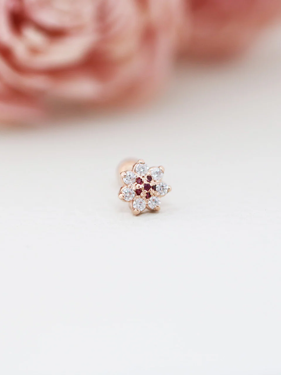 14K Gold Volume Ruby Flower Cartilage Earring 18G16G - Image 4