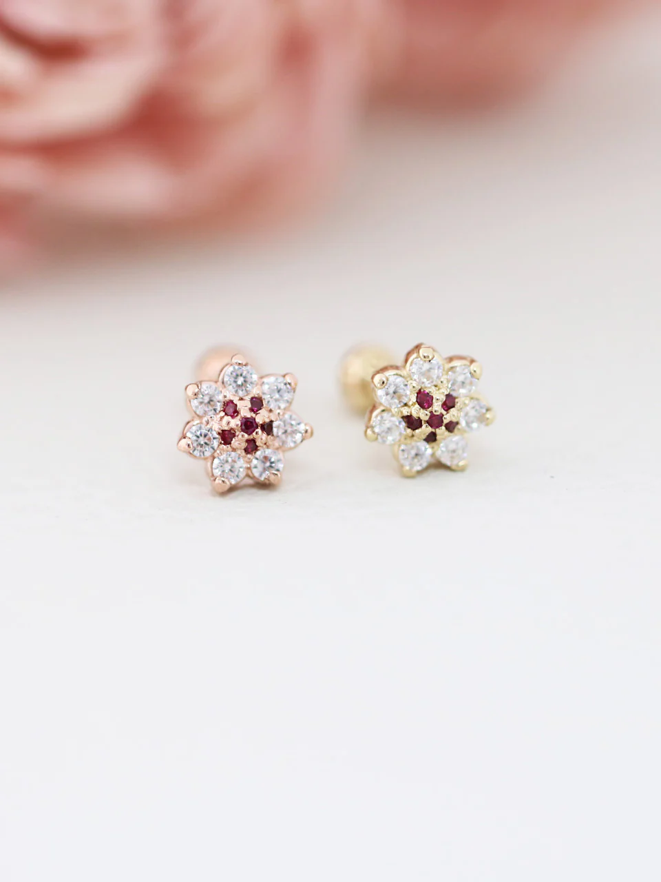 14K Gold Volume Ruby Flower Cartilage Earring 18G16G - Image 5
