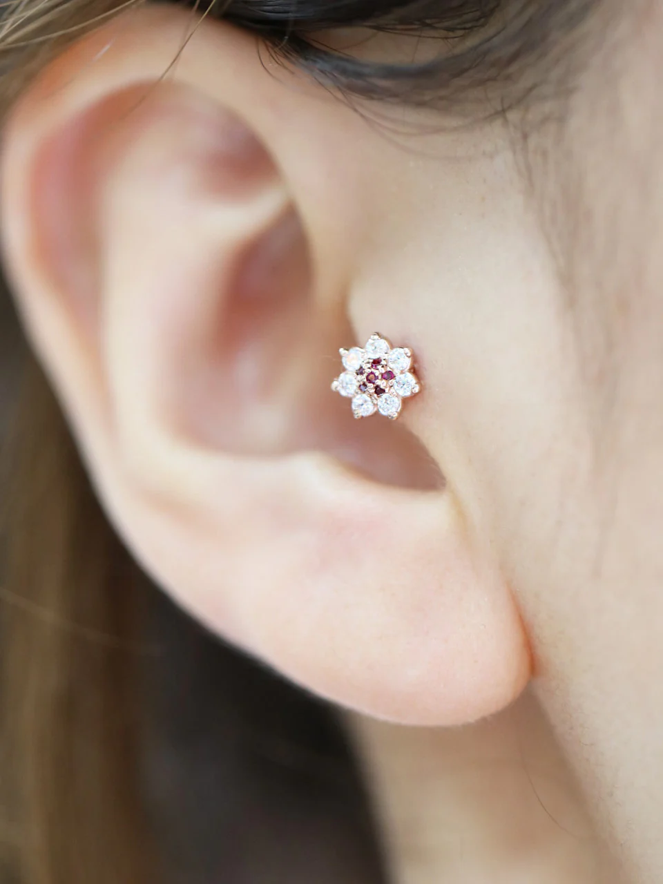 14K Gold Volume Ruby Flower Cartilage Earring 18G16G - Image 8