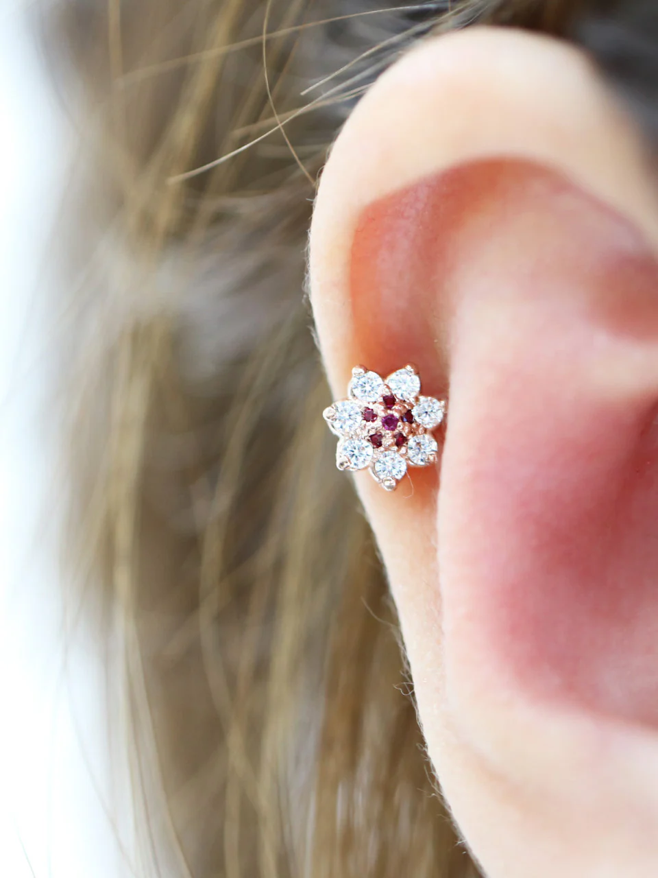 14K Gold Volume Ruby Flower Cartilage Earring 18G16G - Image 9