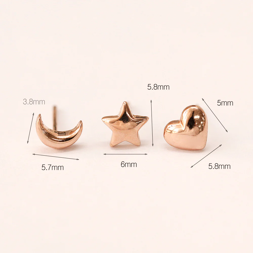 14K Gold Voluminous Crescent, Star, Heart Stud Earring - Image 10