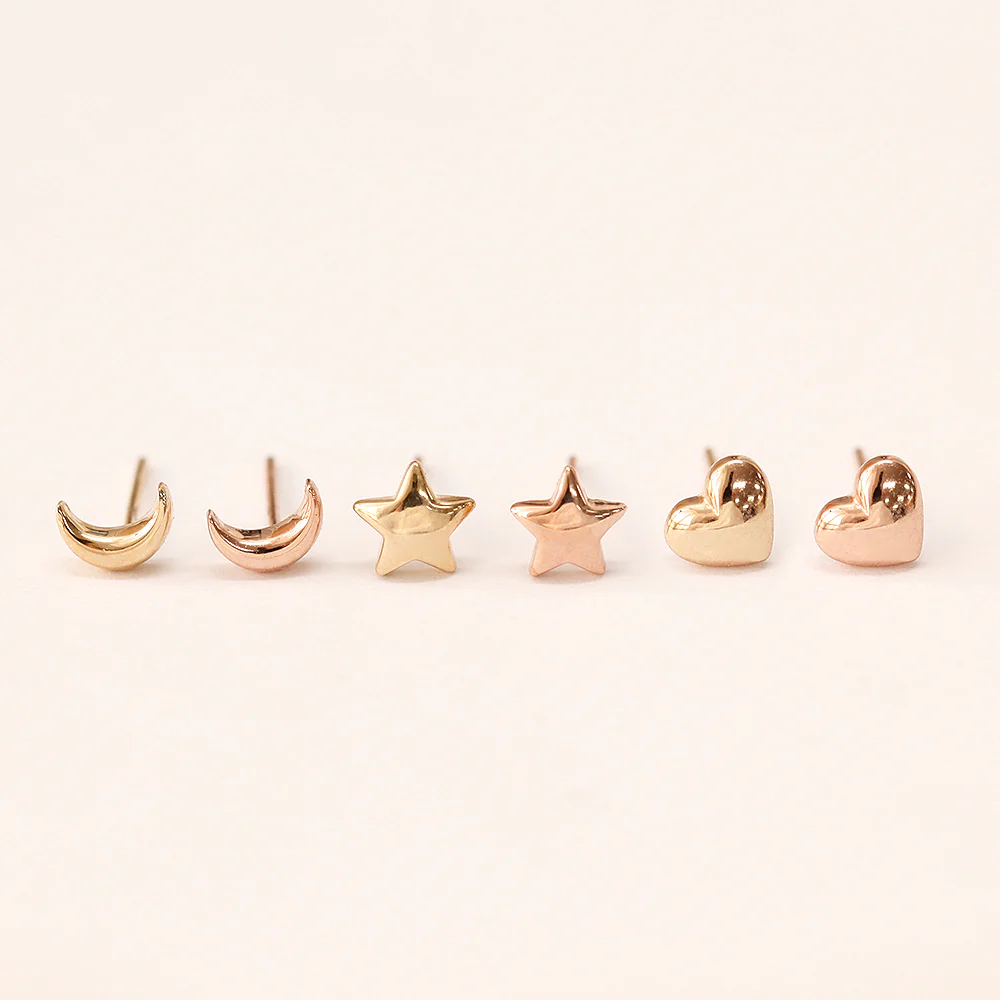 14K Gold Voluminous Crescent, Star, Heart Stud Earring - Image 3