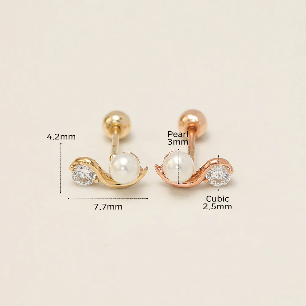 14K Gold Wavy Line Pearl Cubic Cartilage Earring 20G18G16G - Image 14
