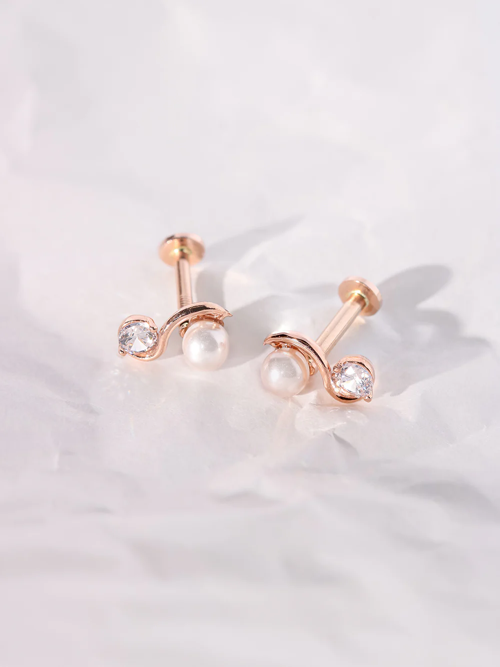 14K Gold Wavy Line Pearl Cubic Internally Threaded Labret Piercing 18G16G - Image 7
