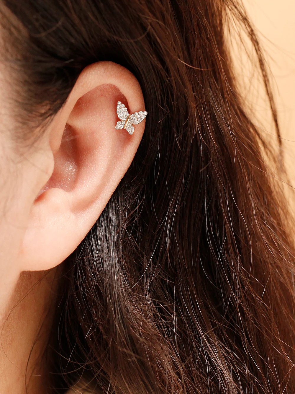 14K Gold White Crystal Butterfly Cartilage Earring 20G18G16G - Image 8