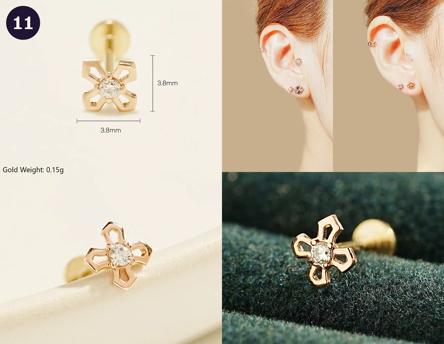 14K Gold Wishes Internally Threaded Labret Piercing 20G - Image 13